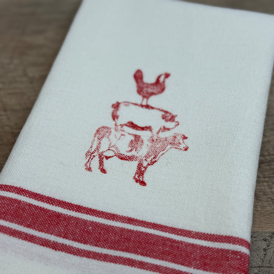 Flour Sack Tea Towel: Red Farm Animals